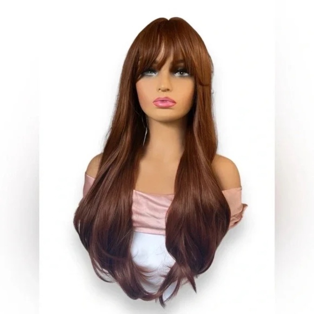 26 Inch Wavy Reddish long hair with bangs Natural looking wig - Picture 2 of 7